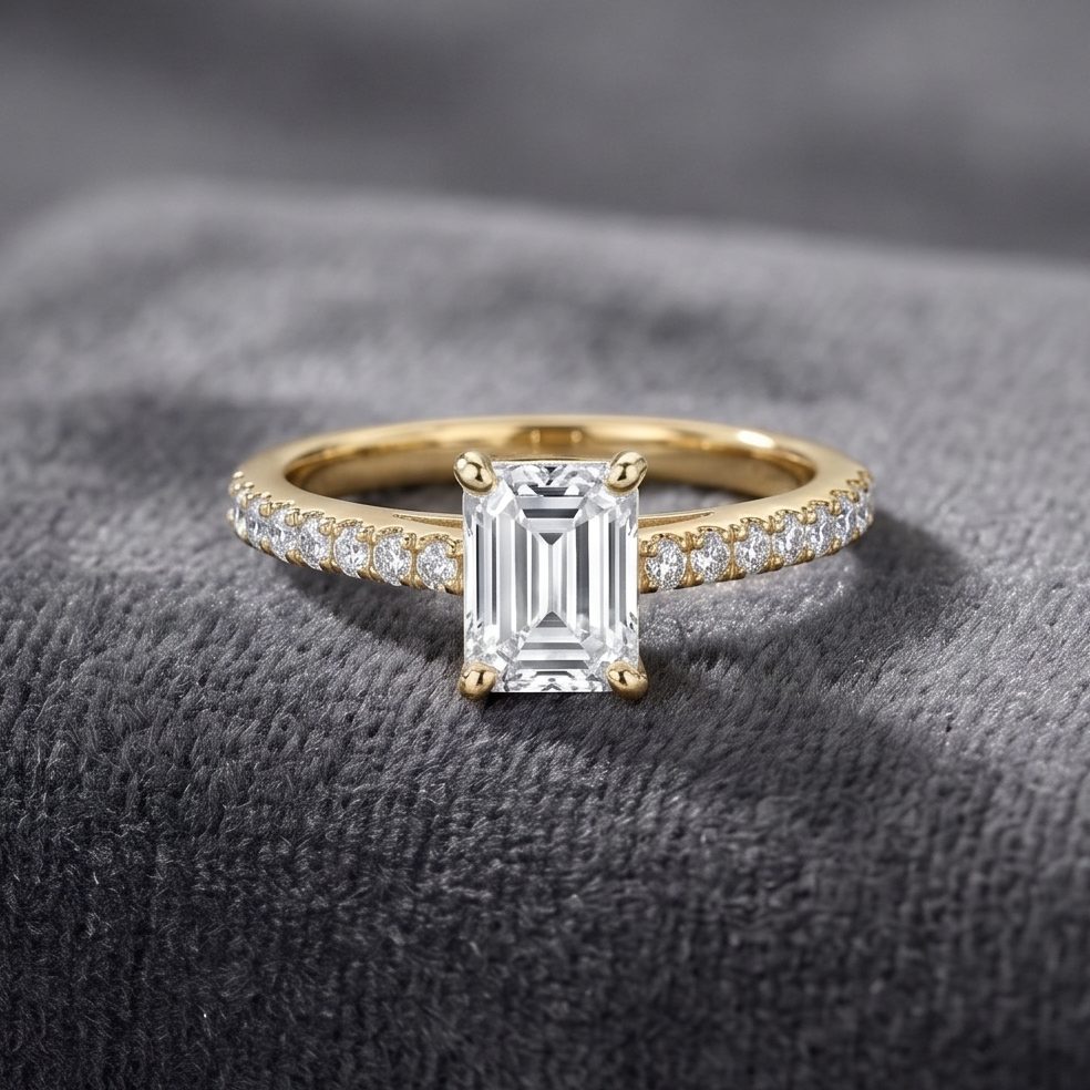 18KT Yellow Gold 1.24 Carat Emerald & Round Diamond Ring | Titali Design LR-13411