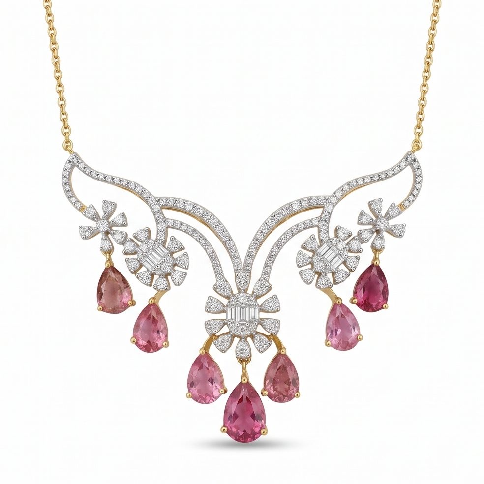 18KT Yellow Gold 2.61 Carat Round & Pear & Baguette Diamond Necklace | Titali Design 12227P2