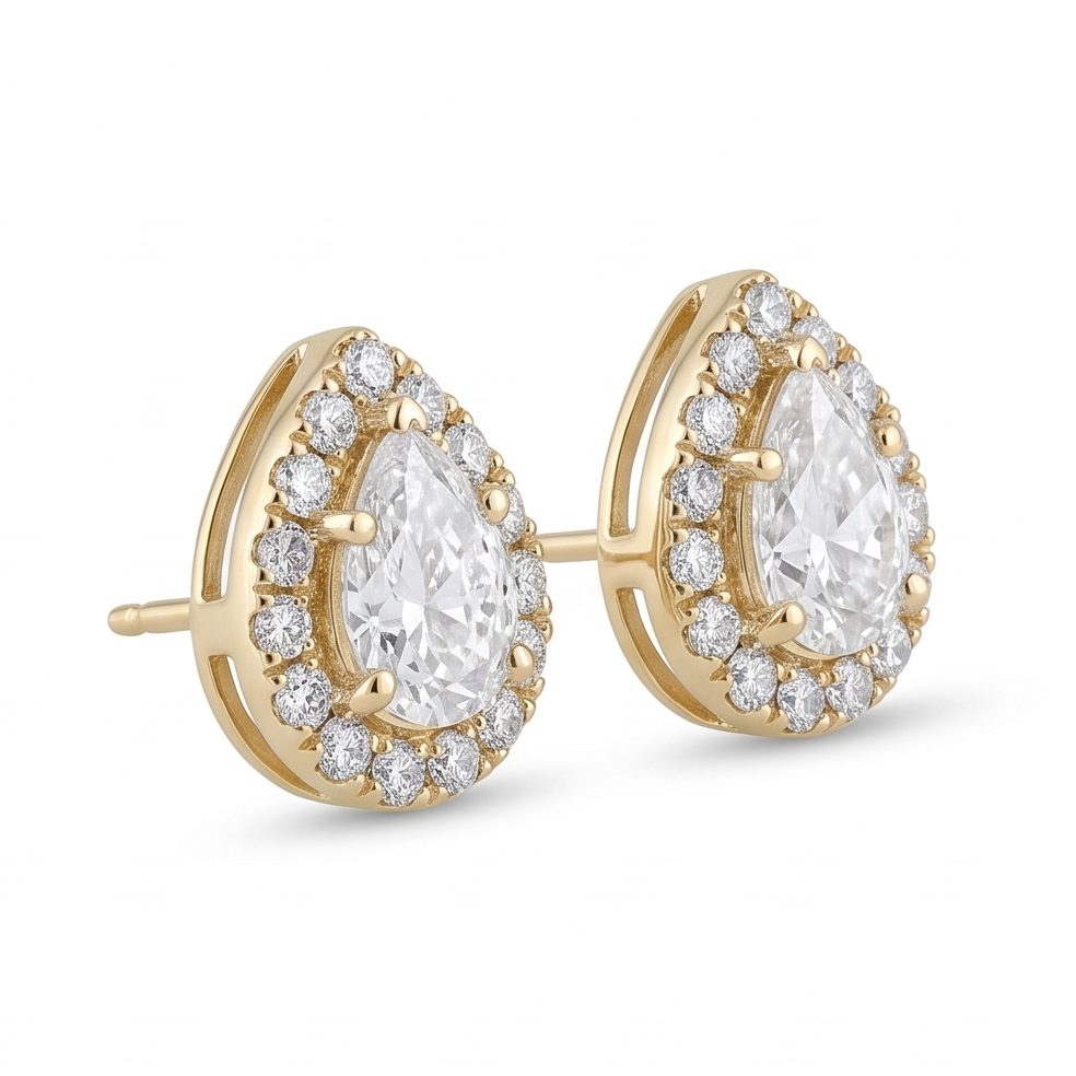 18KT Yellow Gold 0.95 Carat Round & Pear Diamond Earrings | Titali Design E-22050