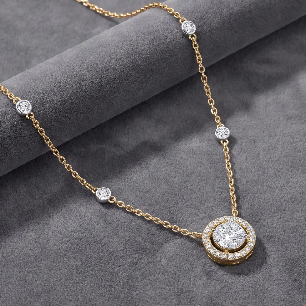 18KT Yellow Gold 0.71 Carat Round & Marquise & Princess Diamond Necklace | Titali Design 10005P34