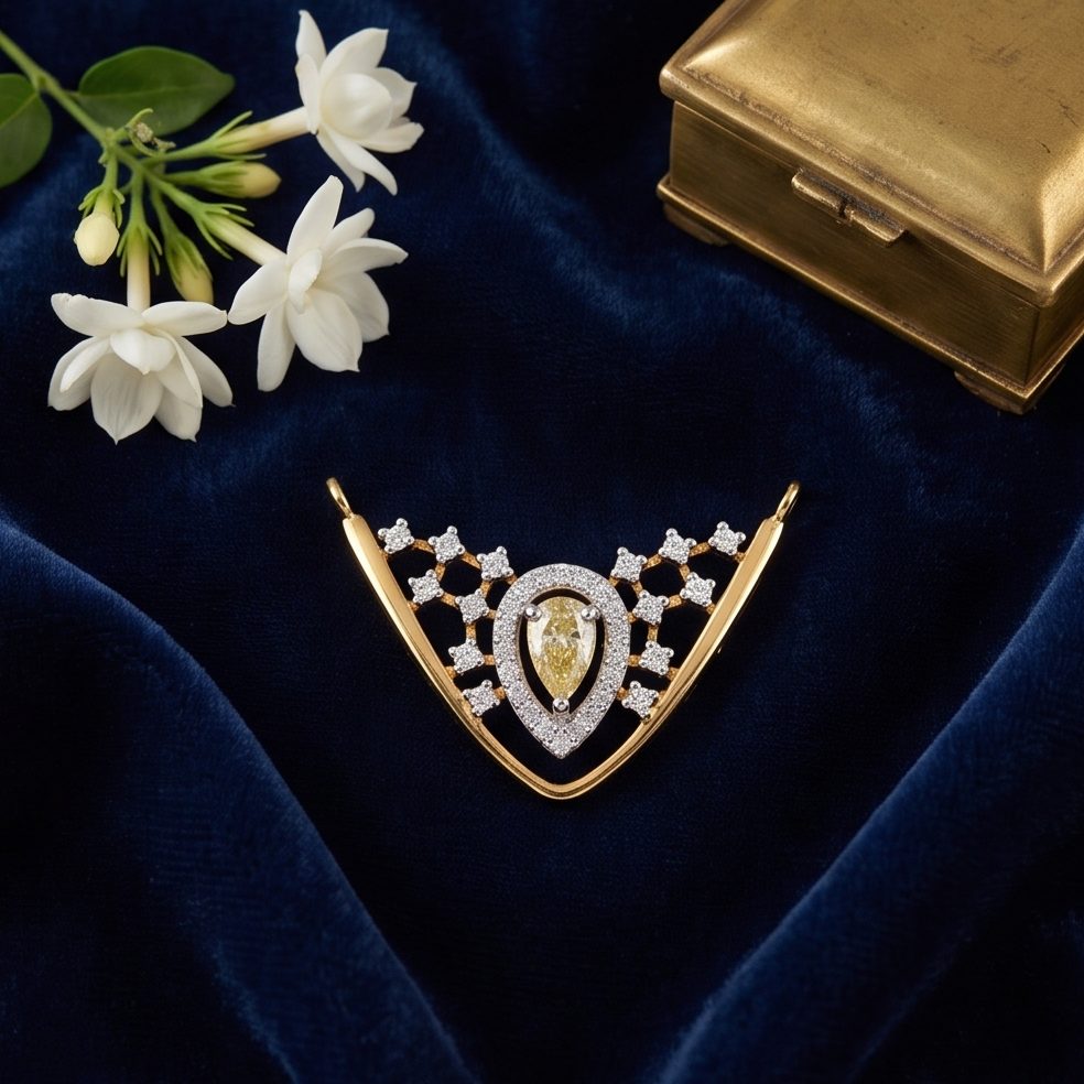 18KT Yellow Gold 0.38 Carat Round & Pear Diamond Pendant | Titali Design P-20914