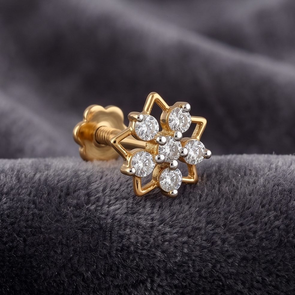 18KT Yellow Gold 0.11 Carat Round Diamond Nose Pin | Titali Design NPP-21769